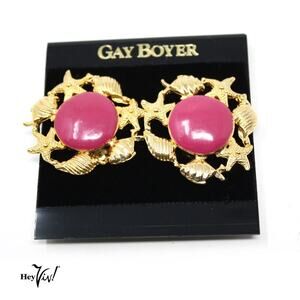 Vintage Gay Boyer Clip On Earrings Sea Shells Pink Enamel Original Card -Hey Viv